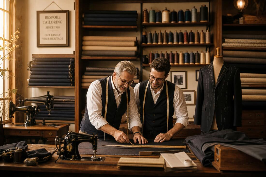 Two generations of tailors working together in the family-owned Portland Custom Tailor shop